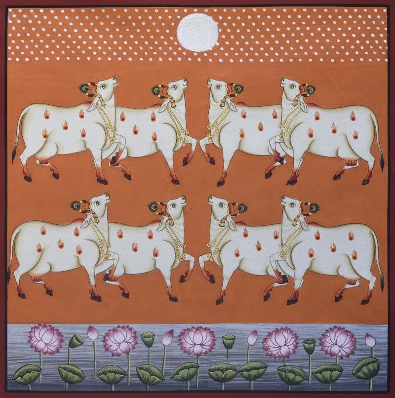 Animals pichwai traditional art titled 'Pichwai 13', 12x12 inches, by artist Pichwai Art on Cotton Cloth