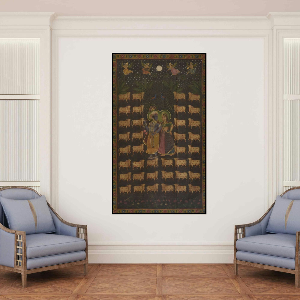 'Pichwai (Celestial Harmony)' painting by Unknown shown on a wall in a furnished room.