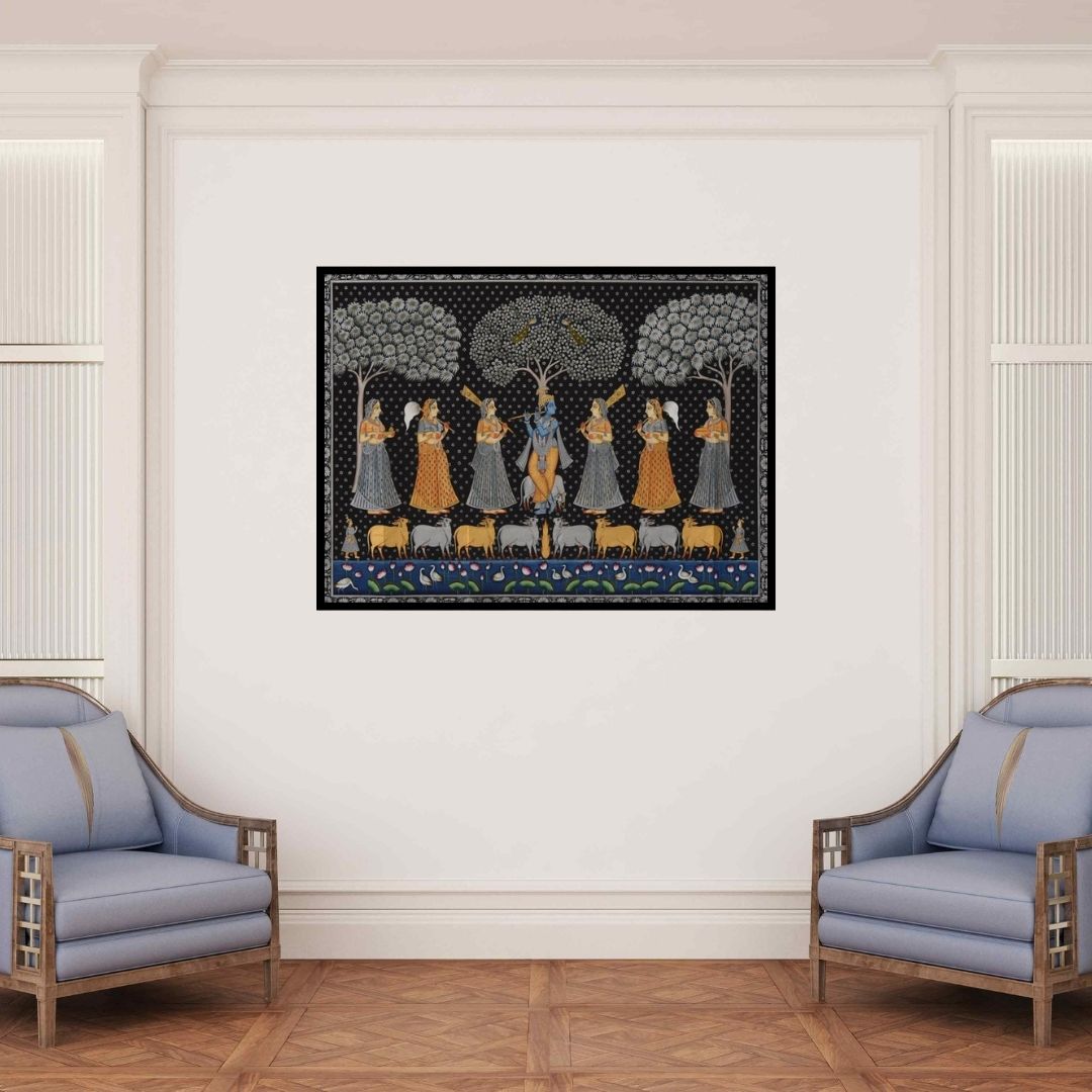 In-situ view of Unknown's 'Pichwai (Krishna's Enchanted Grove)' painting in a room