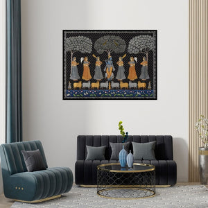 Preview of 'Pichwai (Krishna's Enchanted Grove)' Painting by Unknown shown on a wall in a furnished room.