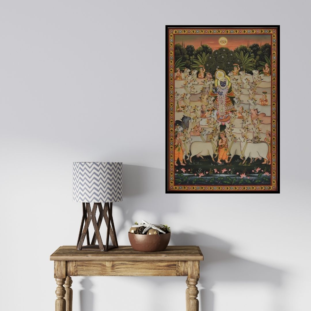 In-situ view of Unknown's 'Pichwai (Shrinathji: Divine Cowherd)' painting in a room