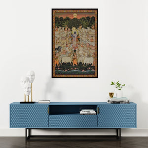 Preview of 'Pichwai (Shrinathji: Divine Cowherd)' Painting by Unknown shown on a wall in a furnished room.