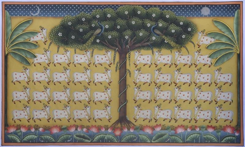 Animals pichwai traditional art titled 'Pichwai 26', 36x59 inches, by artist Pichwai Art on Cotton Cloth