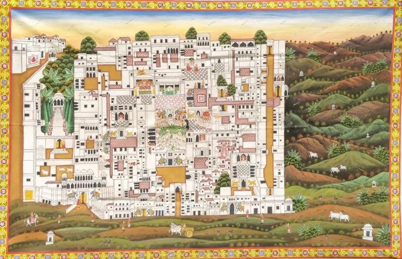 Religious pichwai traditional art titled 'Pichwai 29', 46x70 inches, by artist Pichwai Art on Cloth