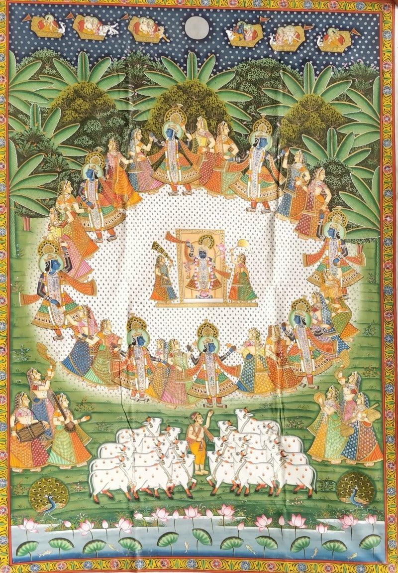 Religious pichwai traditional art titled 'Pichwai 30', 72x47 inches, by artist Pichwai Art on Cloth