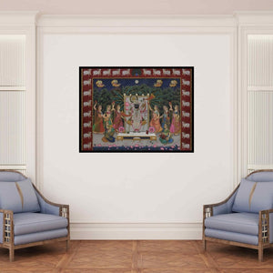 In-situ view of Unknown's 'Pichwai (Shrinathji's Divine Court)' painting in a room