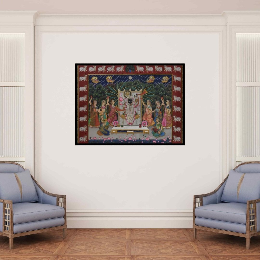 In-situ view of Unknown's 'Pichwai (Shrinathji's Divine Court)' painting in a room