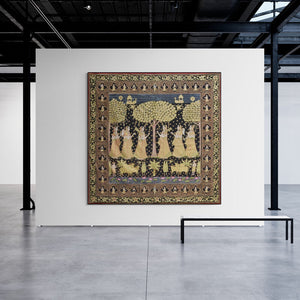 Pichwai's painting 'Pichwai (Golden Garden of the Gopis)' displayed in a modern living room setting