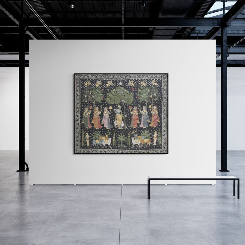 In-situ view of Pichwai's 'Pichwai (Divine Music in the Orchard)' painting in a room