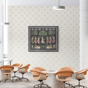 Pichwai's painting 'Pichwai (Divine Music in the Orchard)' displayed in a modern living room setting