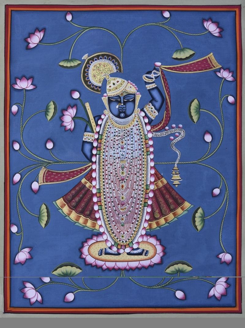 Religious pichwai traditional art titled 'Pichwai 4', 21x16 inches, by artist Pichwai Art on Cotton Cloth