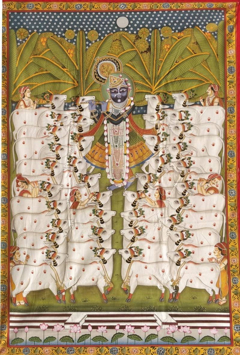 Religious pichwai traditional art titled 'Pichwai 40', 68x44 inches, by artist Pichwai Art on Cloth