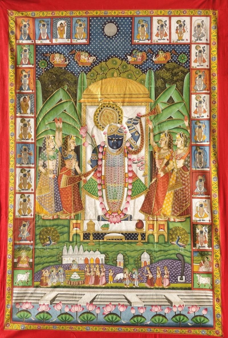 Religious pichwai traditional art titled 'Pichwai 41', 72x48 inches, by artist Pichwai Art on Cloth