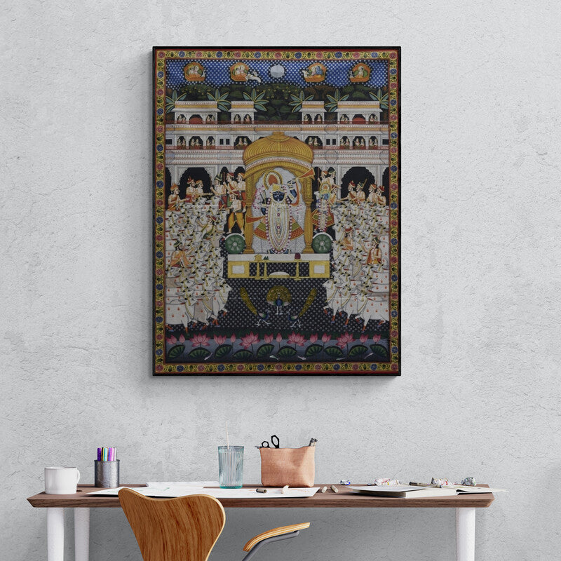 In-situ view of Pichwai's 'Pichwai (Shrinathji Royal Procession)' painting in a room