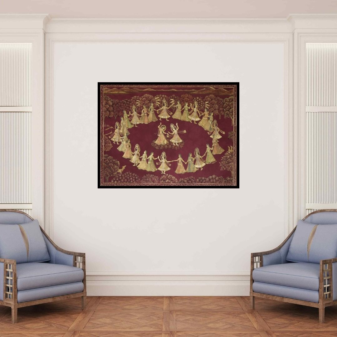 In-situ view of Pushkar Lohar's 'Pichwai (Gopi Dance)' painting in a room