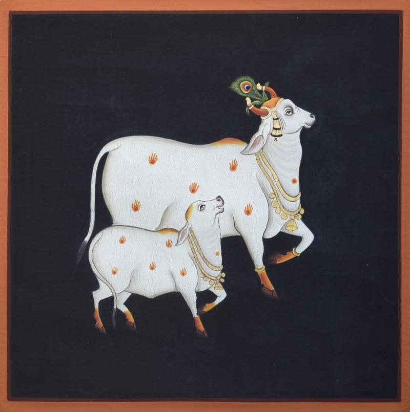 Animals pichwai traditional art titled 'Pichwai 52', 12x12 inches, by artist Pichwai Art on Cotton Cloth