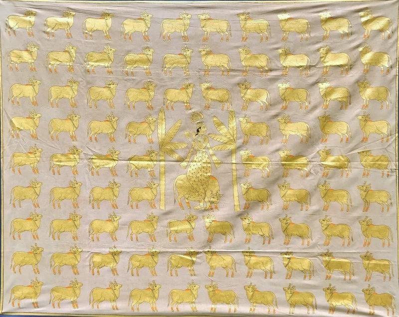 Religious pichwai traditional art titled 'Pichwai 70', 48x36 inches, by artist Pichwai Art on Cloth