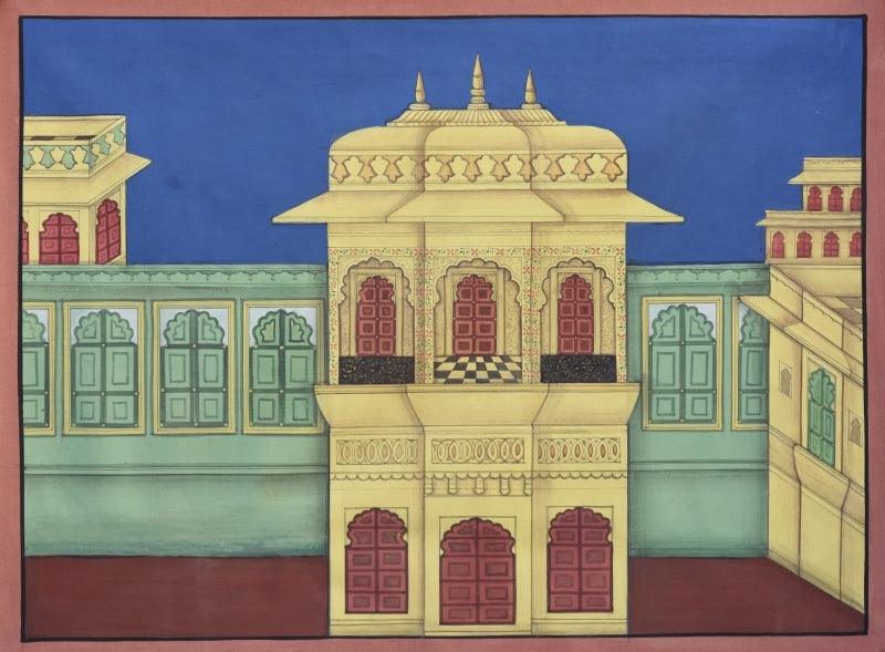 Cityscape pichwai traditional art titled 'Pichwai 8', 18x24 inches, by artist Pushkar Lohar on Cotton Cloth