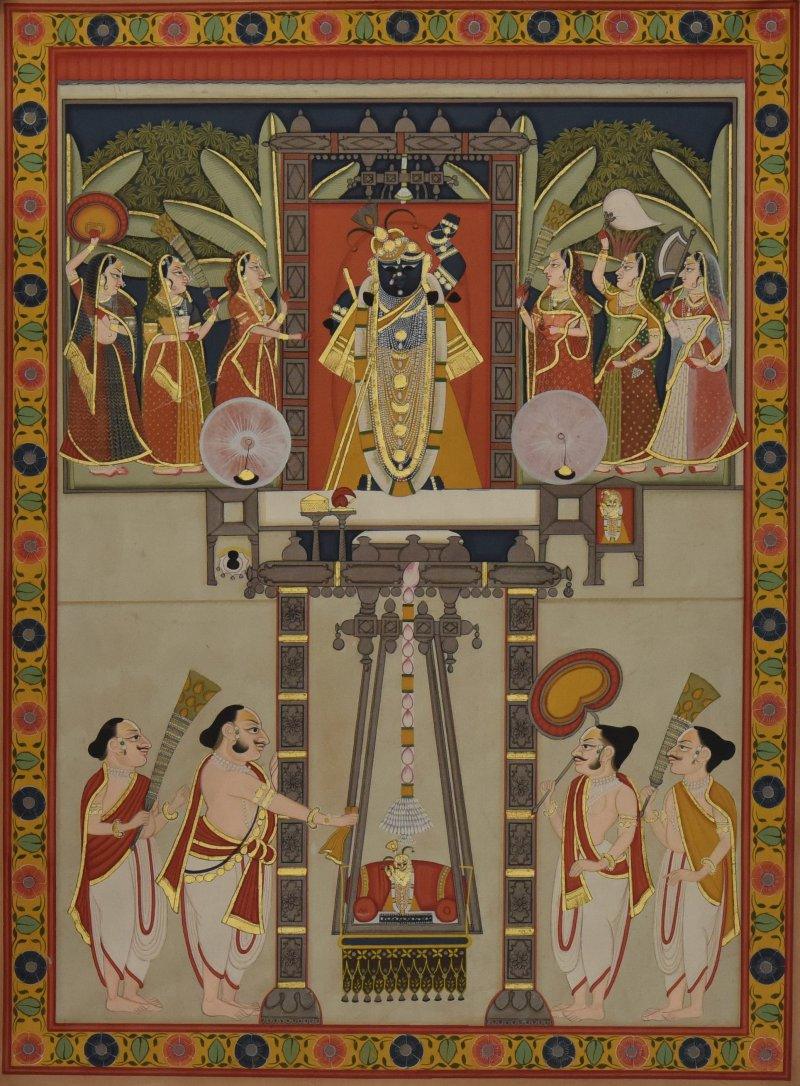 Religious tribal painting titled 'Pichwai', 21x29 inches, by artist Pichwai on Cloth