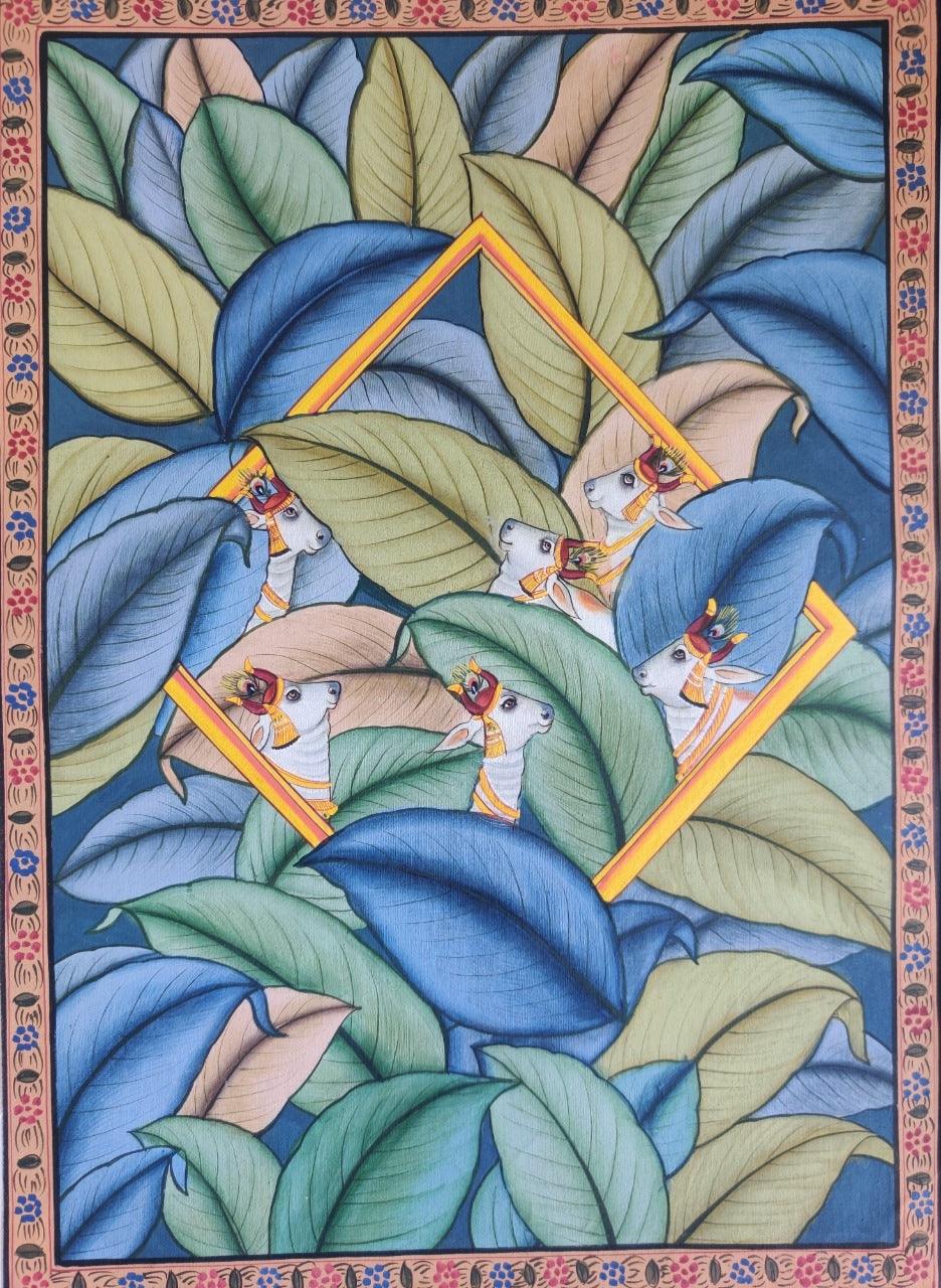 Religious pichwai traditional art titled 'Pichwai Cow 1', 14x10 inches, by artist Pichwai Art on Cloth