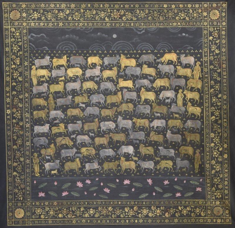 Religious mixed media painting titled 'Pichwai Cows', 42x41 inches, by artist Pushkar Lohar Pichwai on Cloth