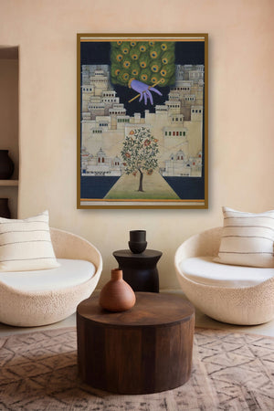 Pichwai Krishna Leela (Divine Presence) by artist Pushkar Lohar Pichwai displayed in a Minimalist gallery