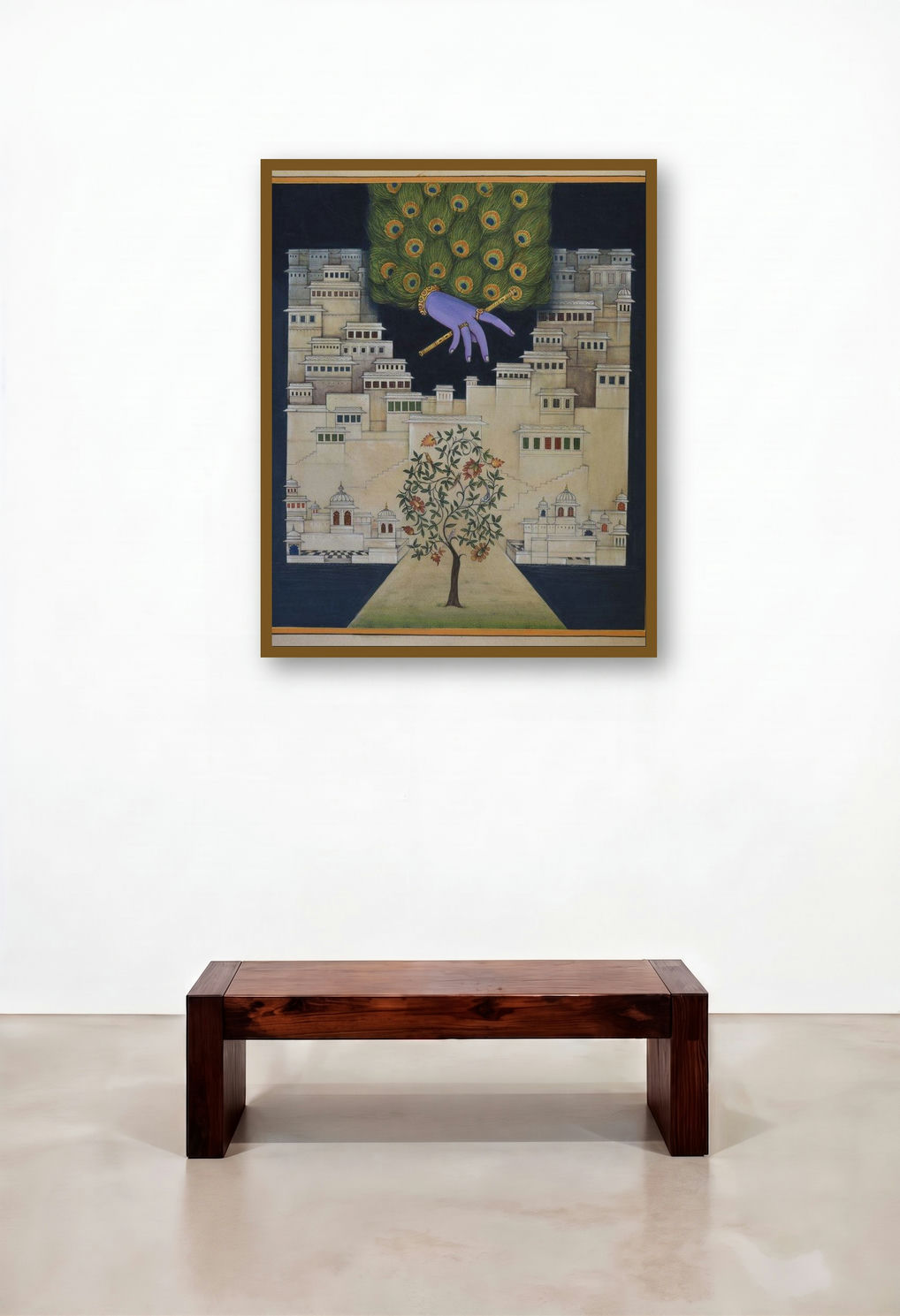 Pichwai Krishna Leela (Divine Presence) by artist Pushkar Lohar Pichwai displayed in a Contemporary Hotel Suite