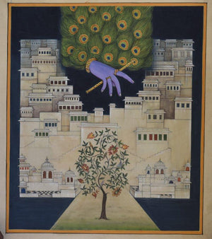 Pichwai Krishna Leela (Divine Presence) by Pushkar Lohar Pichwai, Original Mixed Media Religious Painting on Cloth, Medium Vertical Wall Art