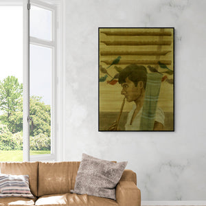 Preview of 'The Pied Piper' Painting by Gulab Kapadiya shown on a wall in a furnished room.