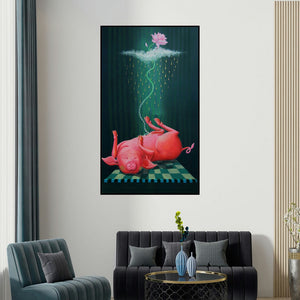 Sanjay Kumar Rajpoot's 'Pig 2 (The Lotus Birth)' painting visualized above a sofa in a contemporary room.