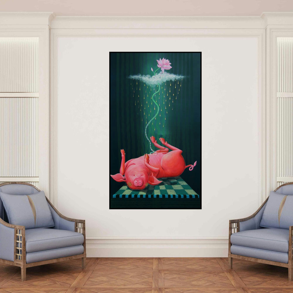 'Pig 2 (The Lotus Birth)' painting by Sanjay Kumar Rajpoot shown on a wall in a furnished room.