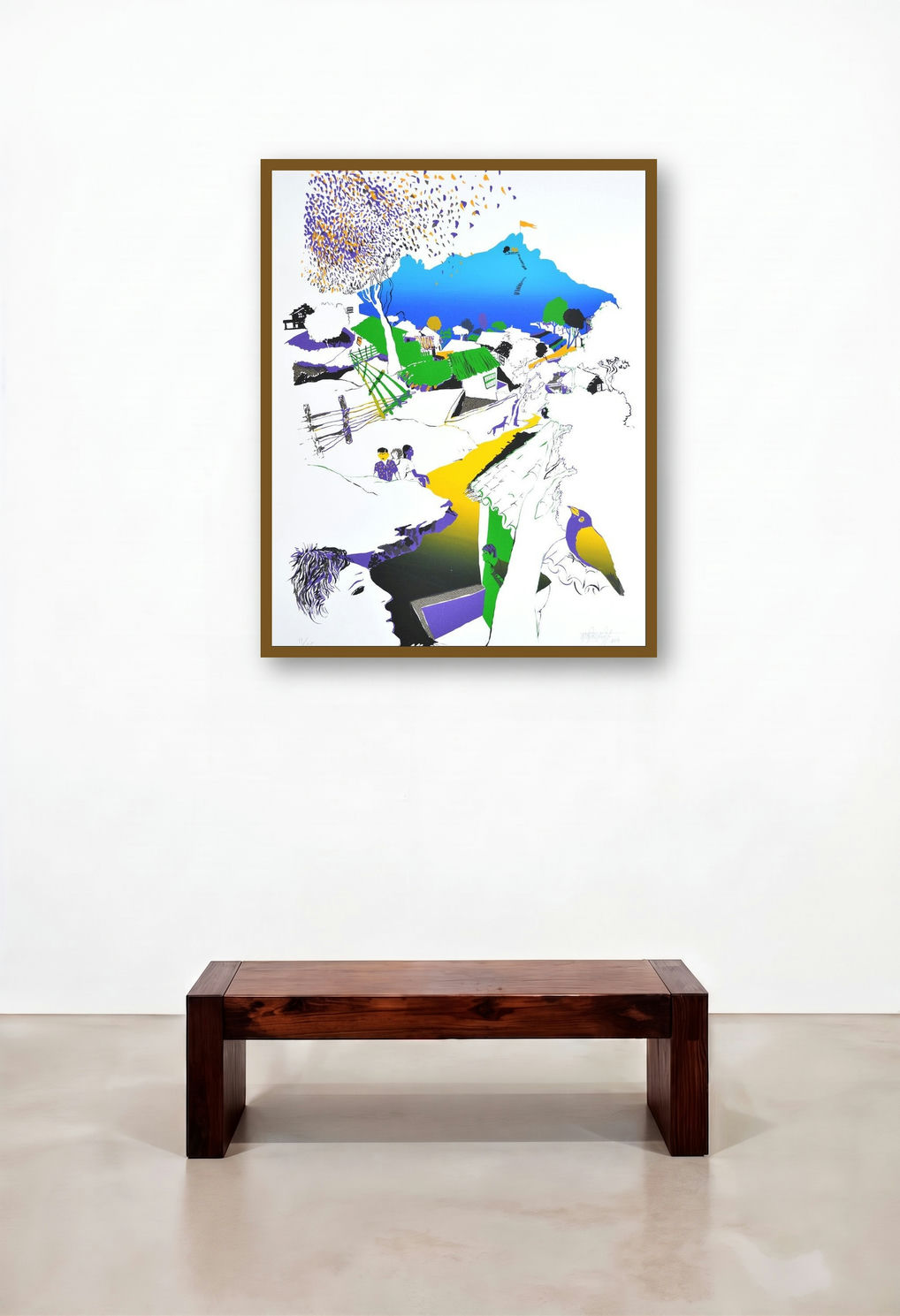 Pilgrimage (Village with Bird) by artist Nabibakhsh Mansoori displayed in a Urban Loft Reception Area