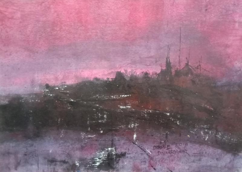 Abstract acrylic painting titled 'Pink Evening 01', 11x15 inches, by artist Dnyaneshwar Dhavale on Acrylic on Paper