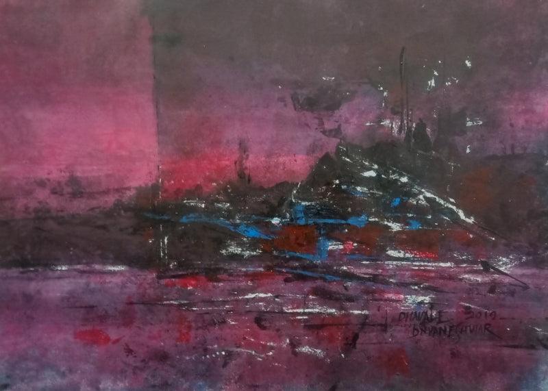 Abstract acrylic painting titled 'Pink Evening 02', 11x15 inches, by artist Dnyaneshwar Dhavale on Acrylic on Paper