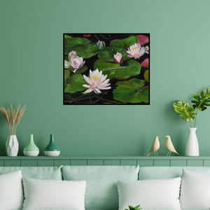 Preview of 'Pink Lotus' Painting by Sulakshana Dharmadhikari shown on a wall in a furnished room.