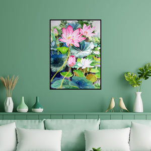 Preview of 'Pink Lotus And White Water Lilies 2' Painting by Vishwajyoti Mohrhoff shown on a wall in a furnished room.