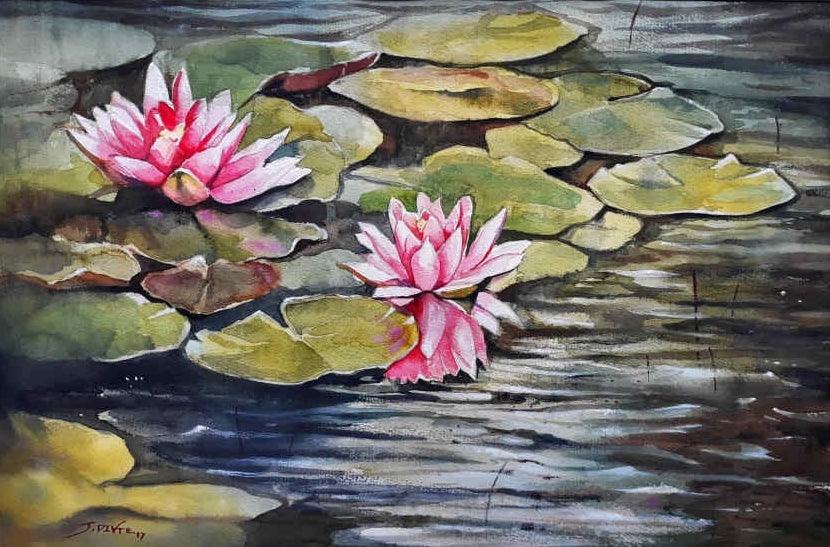 Nature watercolor painting titled 'Pink Lotus', 15x22 inches, by artist Jitendra Divte on Paper