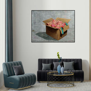 Sanjay Kumar Rajpoot's 'Pink Mask (Pig Bazaar)' painting visualized above a sofa in a contemporary room.