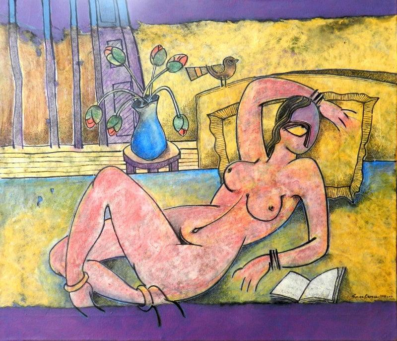 Figurative acrylic painting titled 'Pink Nude', 24x28 inches, by artist Santanu Nandan Dinda on Canvas