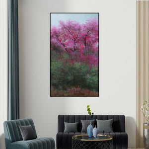 Vimal Chand's 'Pink Trees (Pink Canopy)' painting visualized above a sofa in a contemporary room.