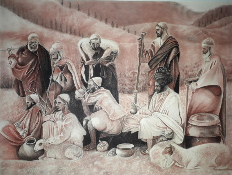 Pink Valley Of Kashmir' figurative charcoal painting by artist Bhavesh Joshi, 19x25 inch, on paper