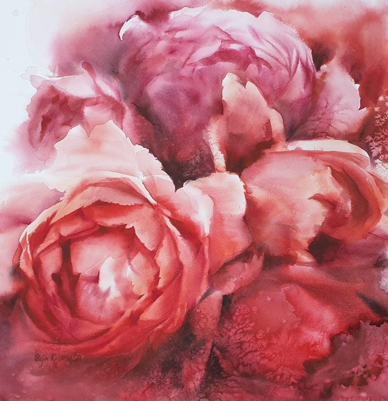 Nature watercolor painting titled 'Pionies 2', 22x22 inches, by artist Puja Kumar on Paper