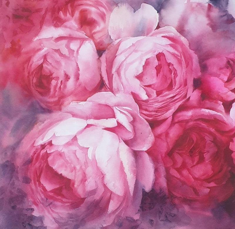 Nature watercolor painting titled 'Pionies', 22x22 inches, by artist Puja Kumar on Paper