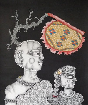 Figurative mixed media painting titled 'Pitah', 30x22 inches, by artist Runa Biswas on Fabriano Paper