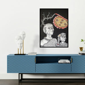 'Pitah' painting by Runa Biswas shown on a wall in a furnished room.