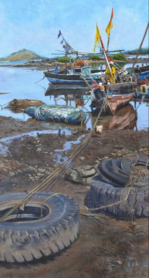 Placidity by Vivek Vadkar, Original Oil Seascape Painting on Canvas, Medium Vertical Wall Art