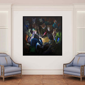 In-situ view of Minal Rajurkar's 'Planning For The Existenc (Animals Planning Their Existence)' painting in a room