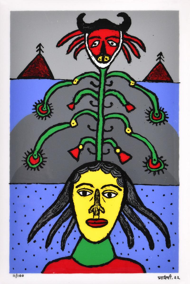 Figurative reverse serigraph painting titled 'Planting Seeds', 24x16 inches, by artist Madhvi Parekh on Acrylic