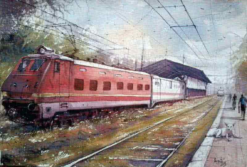 Landscape watercolor painting titled 'Platform 1', 22x15 inches, by artist Amit Kapoor on Handmade Paper