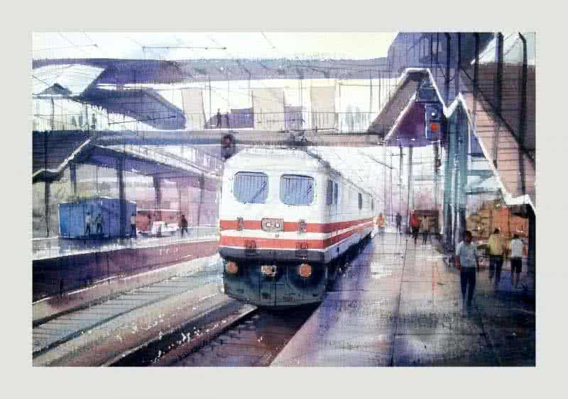 Landscape watercolor painting titled 'Platform 2', 19x13 inches, by artist Amit Kapoor on Handmade Paper